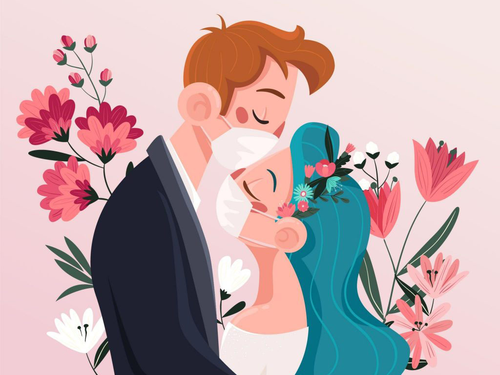 Braut und Bräutigam küssen sich mit Corona Maske