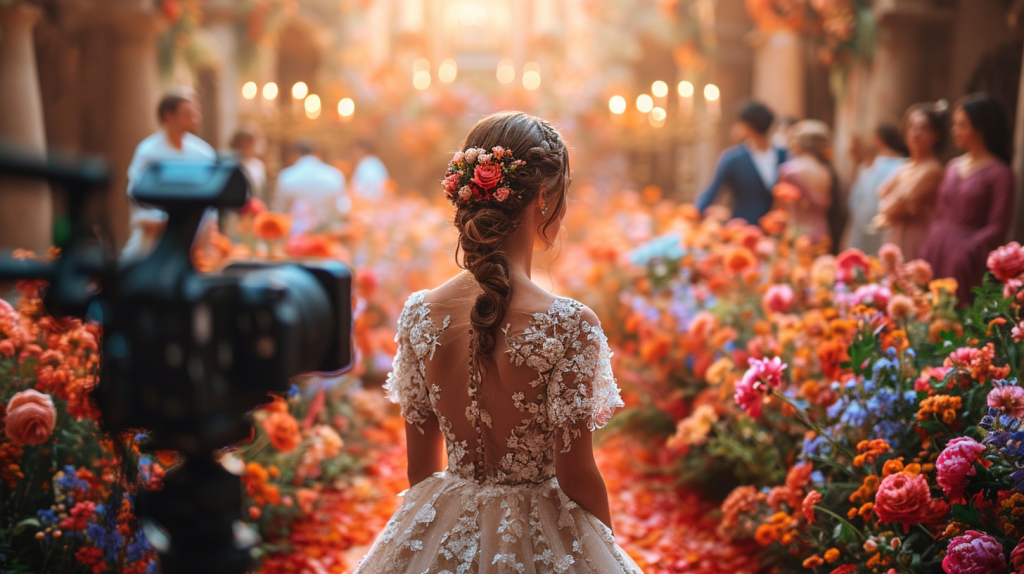 Hochzeitsvideograf film Braut von hinten in einer wunderschönen Location mit vielen Blumen