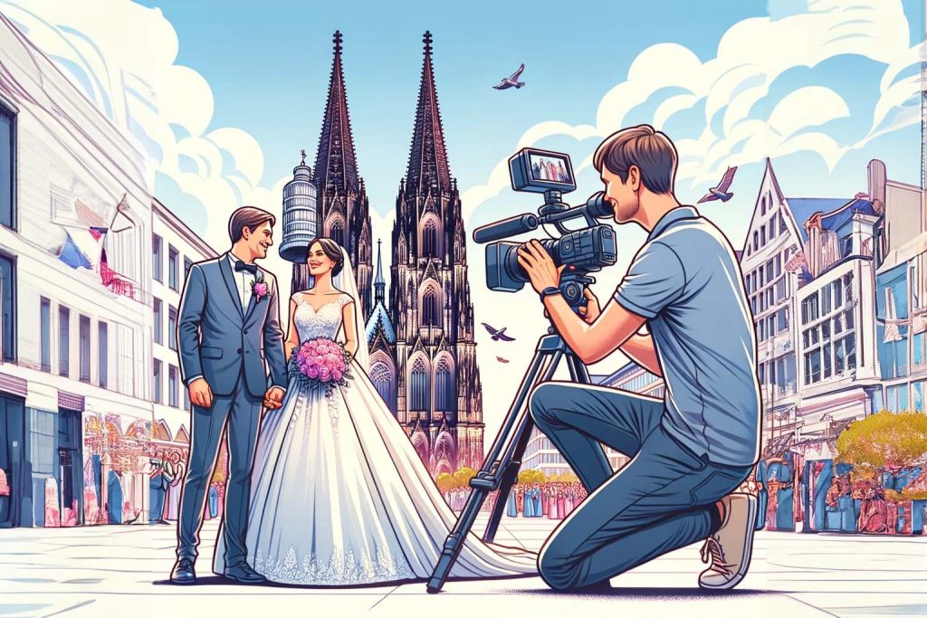 Hochzeitsfograf filmt Brautpaar vor dem Kölner Dom