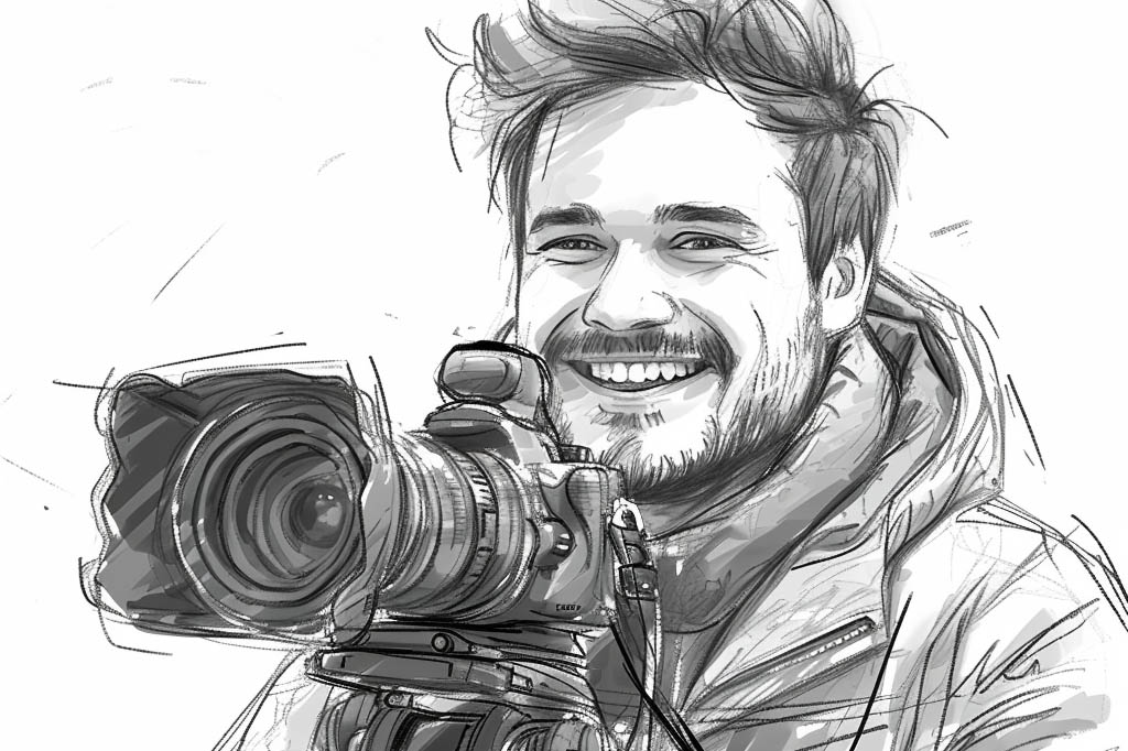 Handzeichnung Skizze eines Hochzeitsvideographen mit seiner Kamera