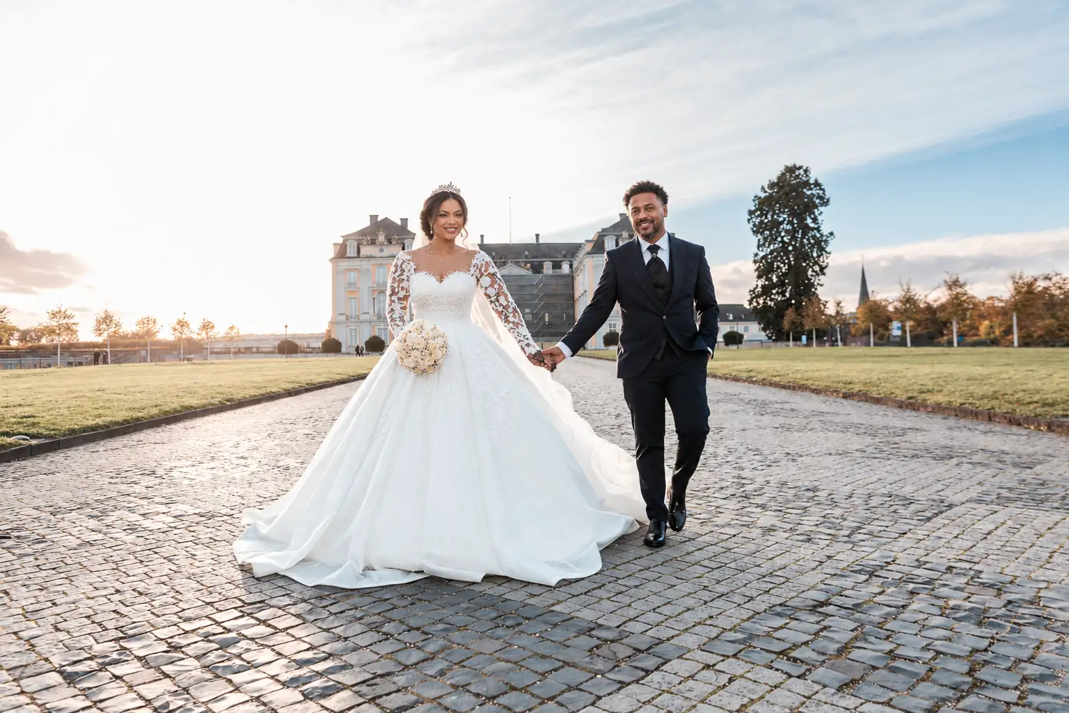 Somalisches Brautpaar läuft Hand in Hand vor Schloss Augustusburg in Brühl