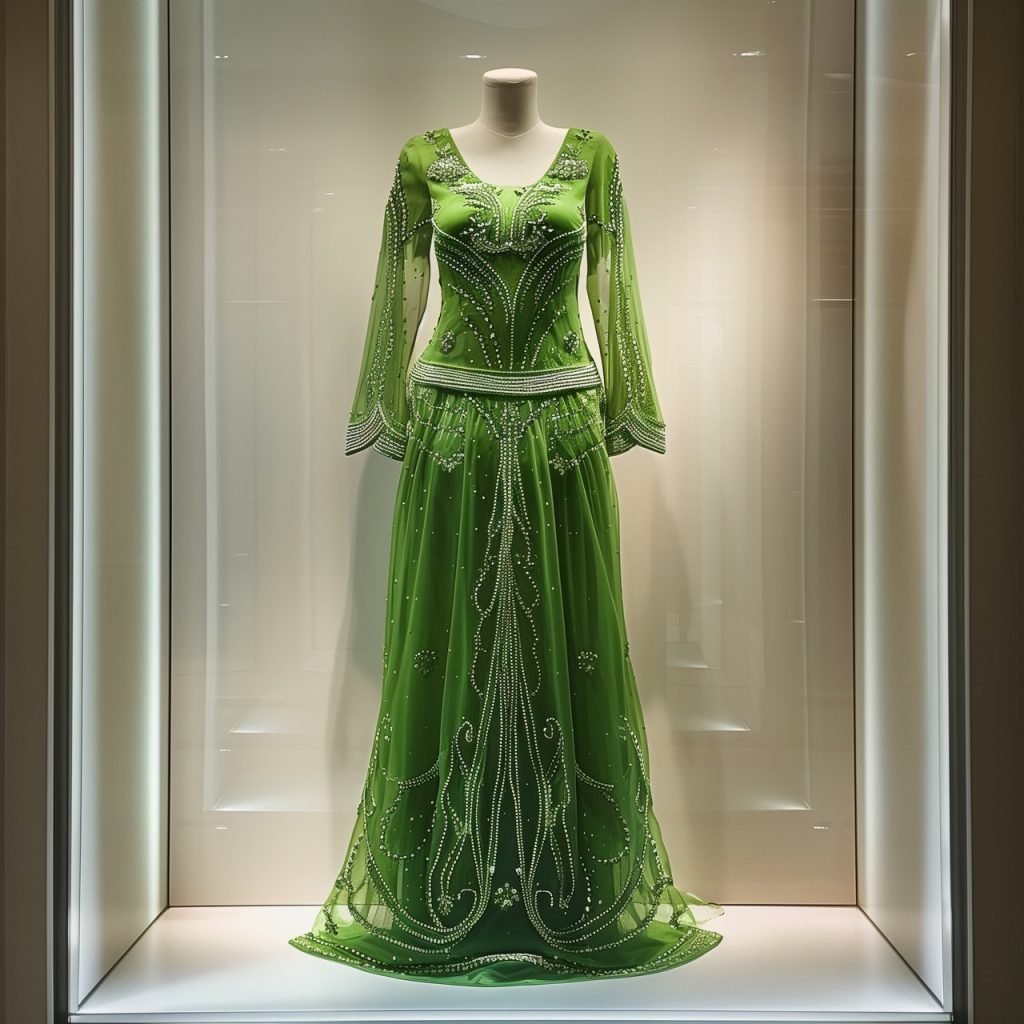 edles grünes henna-kleid an einer schaufensterpuppe auf weißem hintergrund