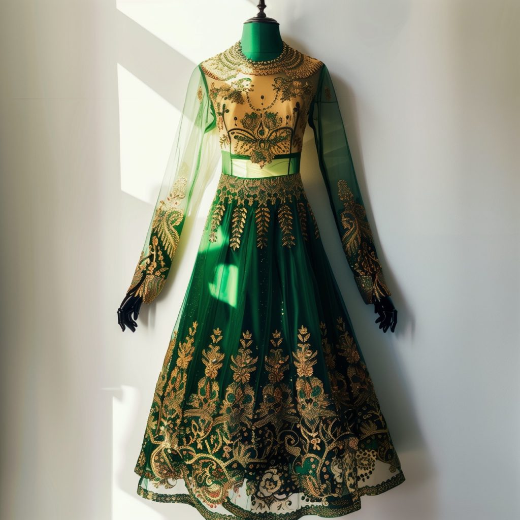 edles grünes henna-kleid an einer schaufensterpuppe auf weißem hintergrund