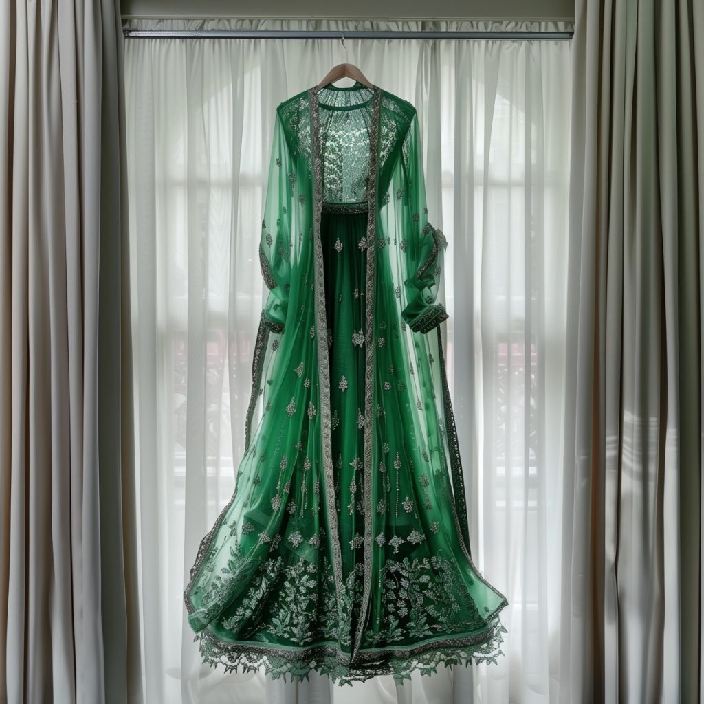 edles grünes henna-kleid an einer schaufensterpuppe auf weißem hintergrund