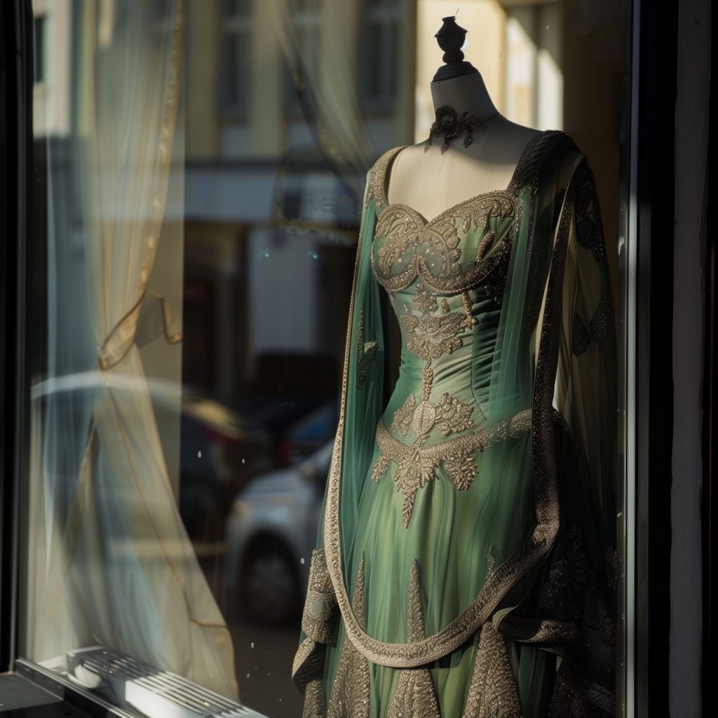 edles grünes henna-kleid an einer schaufensterpuppe auf weißem hintergrund