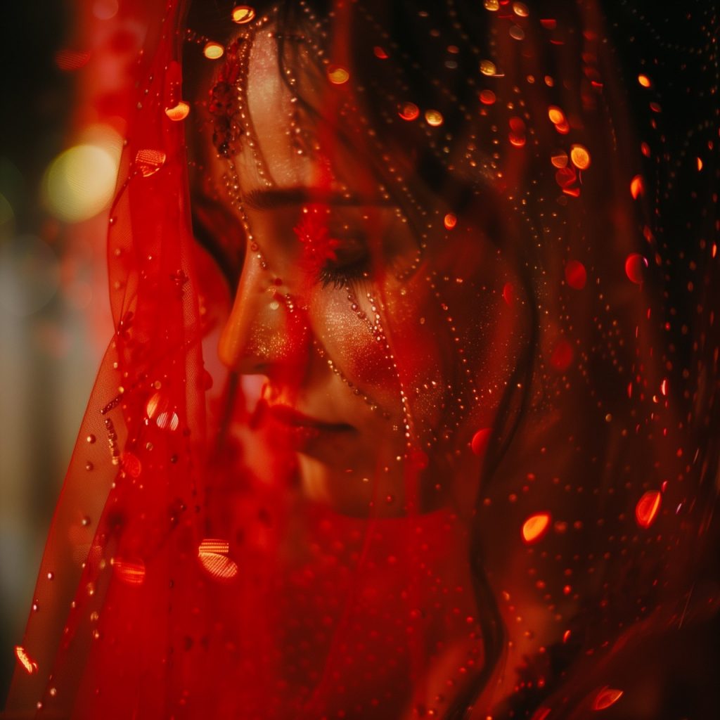 Henna-Nacht-Zeremonie einer weinenden türkischen Braut in einem roten Henna-Kleid. Ihr Gesicht ist hinter dem Tüll versteckt. Unschärfe dunkles Bokeh im Hintergrund.