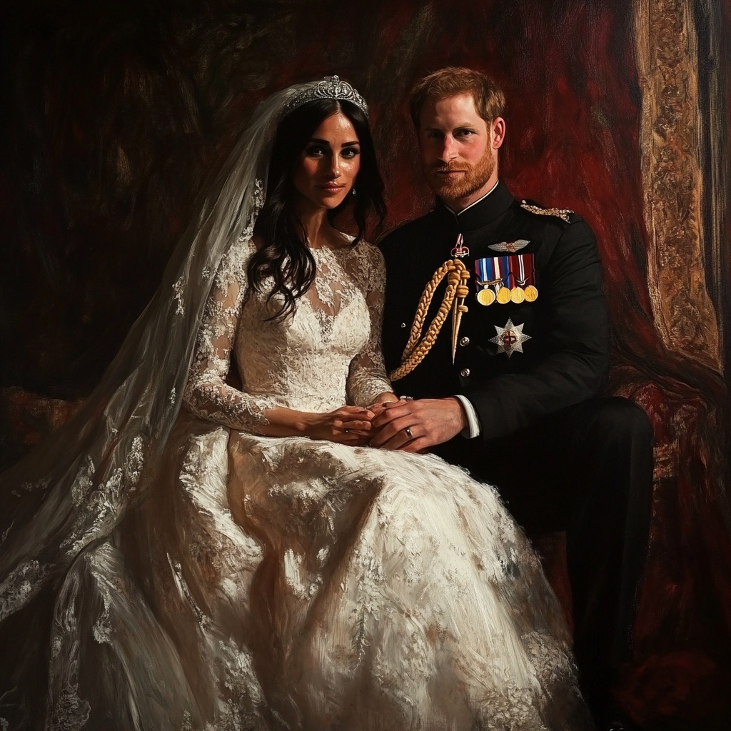Prinz Harry und Meghan posieren für ein Hochzeitsfoto in einem royalen Raum. Die Aufnahme wirkt gemalt, was der Szene einen künstlerischen Touch verleiht.
