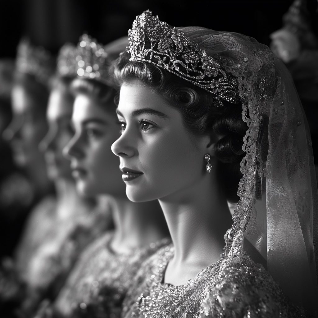 Porträt einer jungen Braut, ähnlich Queen Elizabeth, im Profil und ähnlich einem Hochzeitsfoto Queen Elizabeth. Mit Diadem, besticktem Schleier und detailliertem Brautkleid, während im Hintergrund royale Figuren erscheinen.