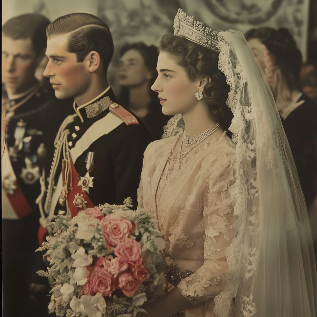 Ein junges königliches Brautpaar in einer Zeremonie mit aufwändigem Blumenstrauß. Der Bräutigam trägt eine mit Orden besetzte Uniform, die Braut ein Diadem mit Schleier.