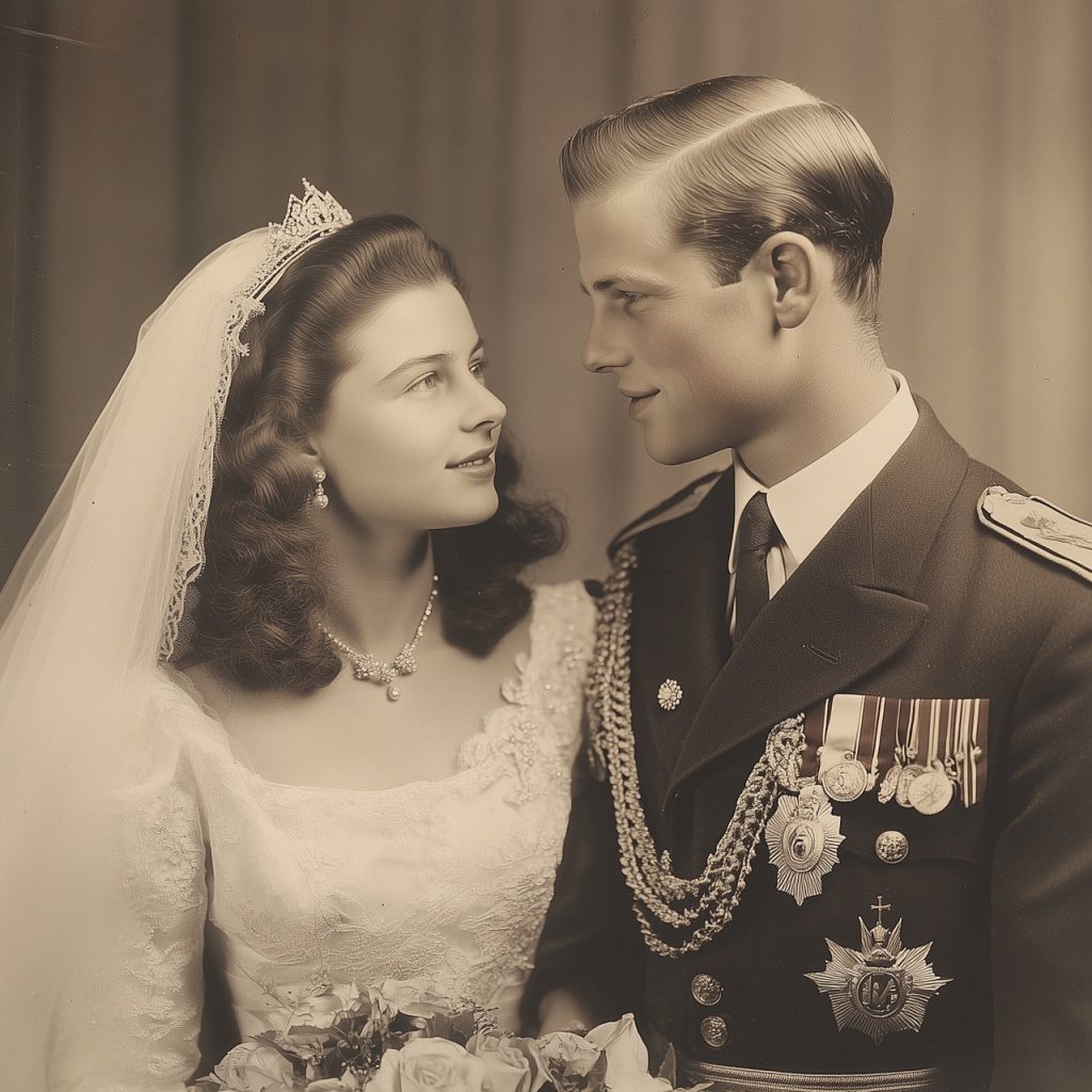 Ein royales Paar im Studio: Der Bräutigam im militärischen Anzug, die Braut in einem eleganten Brautkleid. Sie schauen sich verliebt an.