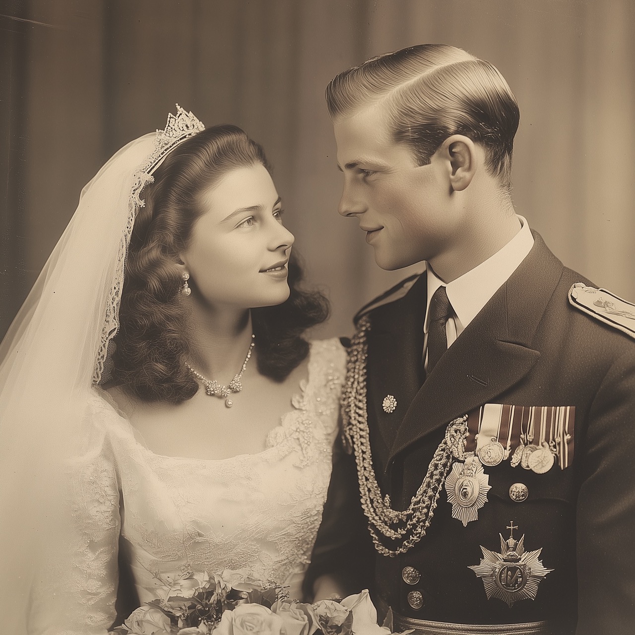 Ein royales Paar im Studio: Der Bräutigam im militärischen Anzug, die Braut in einem eleganten Brautkleid. Sie schauen sich verliebt an.