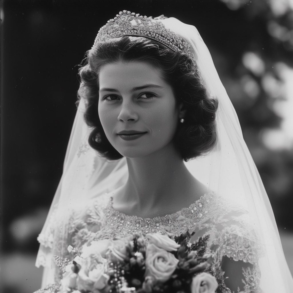 Eine royale Braut, leicht im Seitenprofil, blickt an der Kamera vorbei. Sie trägt ein Diadem und ein aufwendig verziertes Brautkleid.