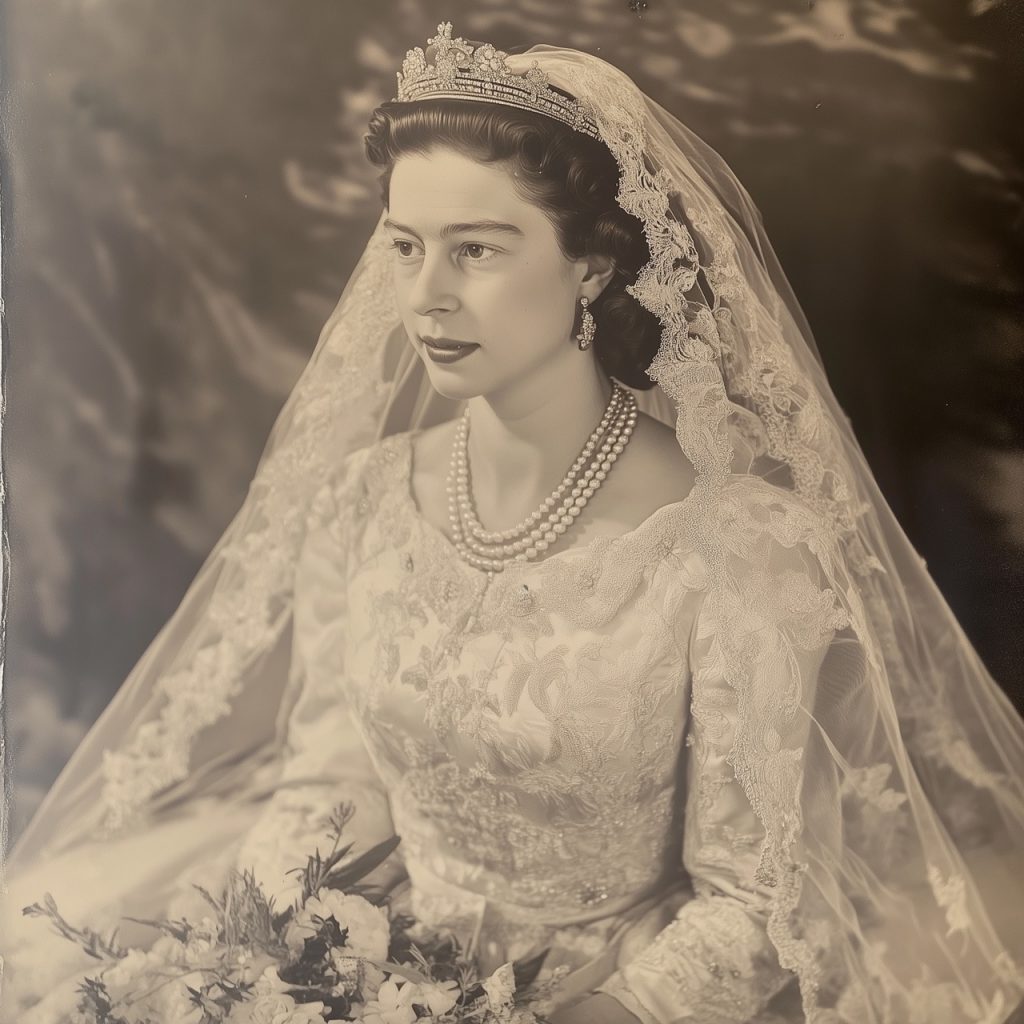 Hochzeitsfoto Queen Elizabeth in Sepia, das die junge Braut sitzend zeigt, wie sie leicht zur Seite blickt. Sie trägt ein königliches Diadem, Perlenschmuck und einen eleganten Brautstrauß.