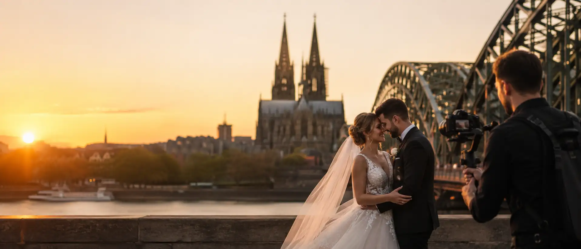 Brautpaar bei Sonnenuntergang vor dem Kölner Dom, während ein Hochzeitsvideograf die Szene auf einer Brücke filmt.