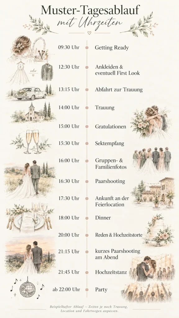 Illustrative Infografik mit Muster-Tagesablauf einer Hochzeit von Getting Ready bis Party