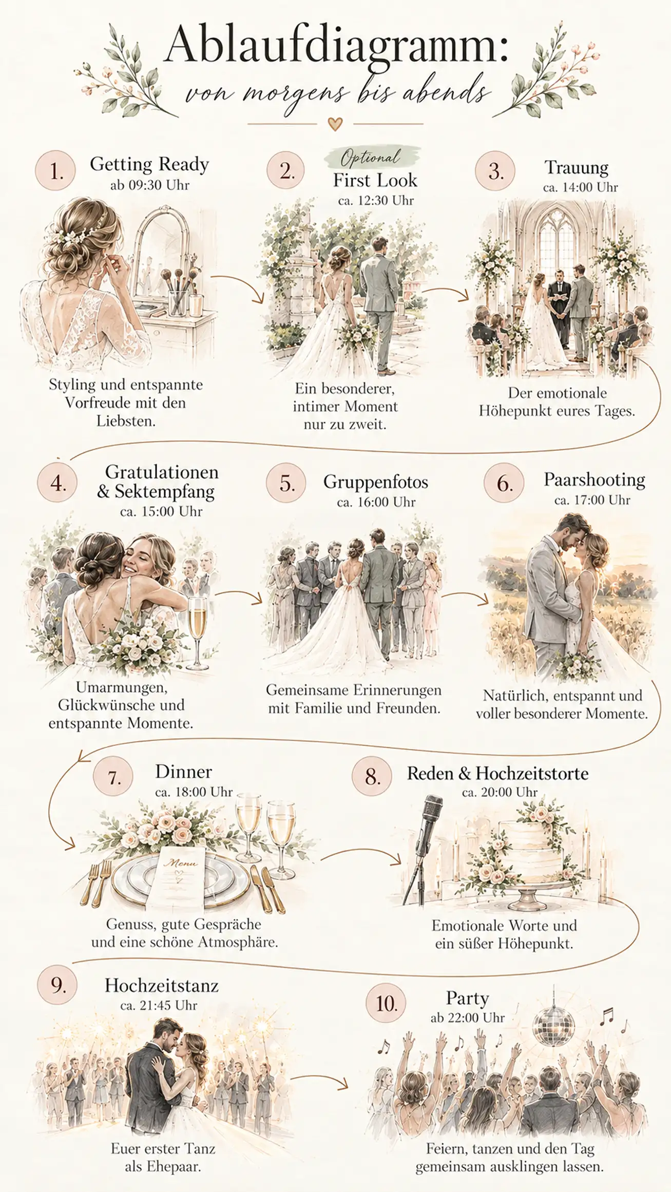 Illustrative Infografik mit Zeitpuffer-Tipps für einen entspannten Hochzeitstag