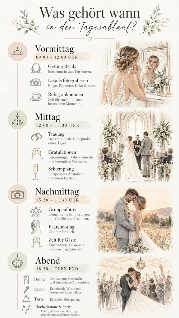 Illustrative Infografik mit Muster-Tagesablauf einer Hochzeit von Getting Ready bis Party