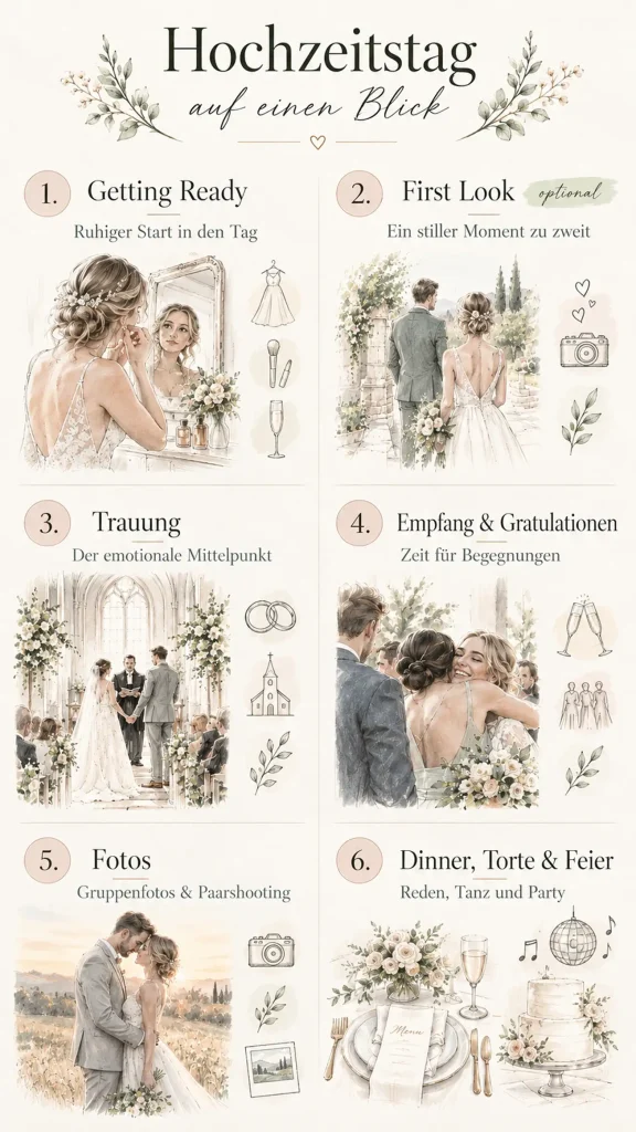 Illustrative Infografik, was wann in den Hochzeitstagesablauf gehört – von Vormittag bis Abend