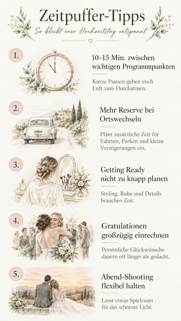 Illustrative Infografik mit Zeitpuffer-Tipps für einen entspannten Hochzeitstag