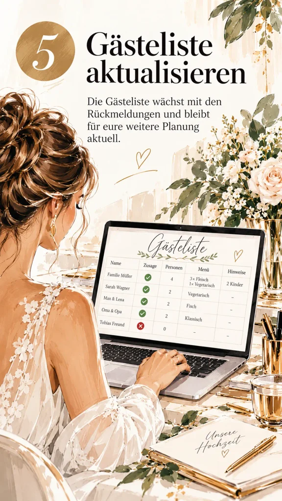 Braut aktualisiert am Laptop eine digitale Gästeliste mit Zusagen, Personenzahl und Menüangaben