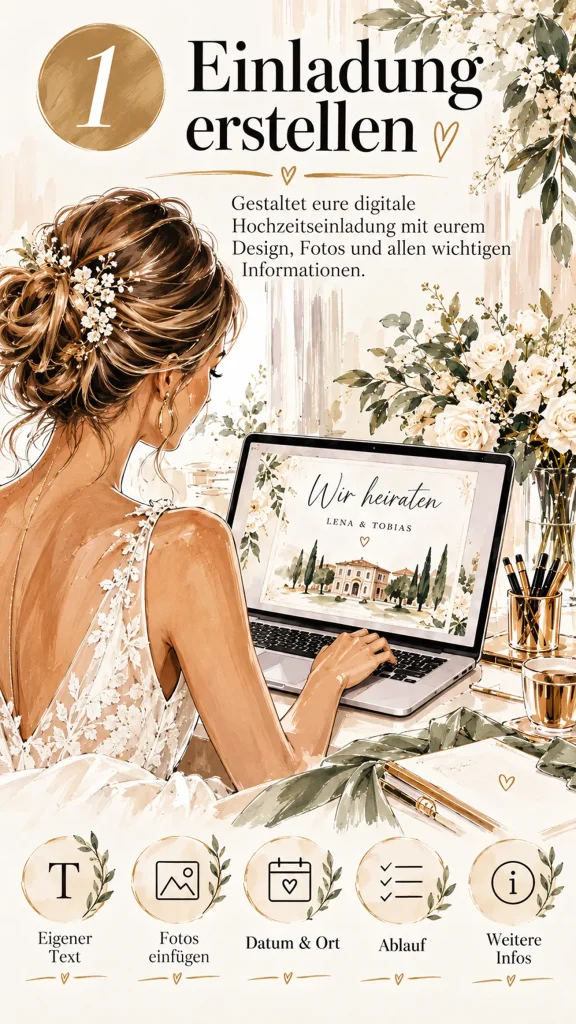 Braut gestaltet am Laptop eine digitale Hochzeitseinladung mit persönlichen Informationen