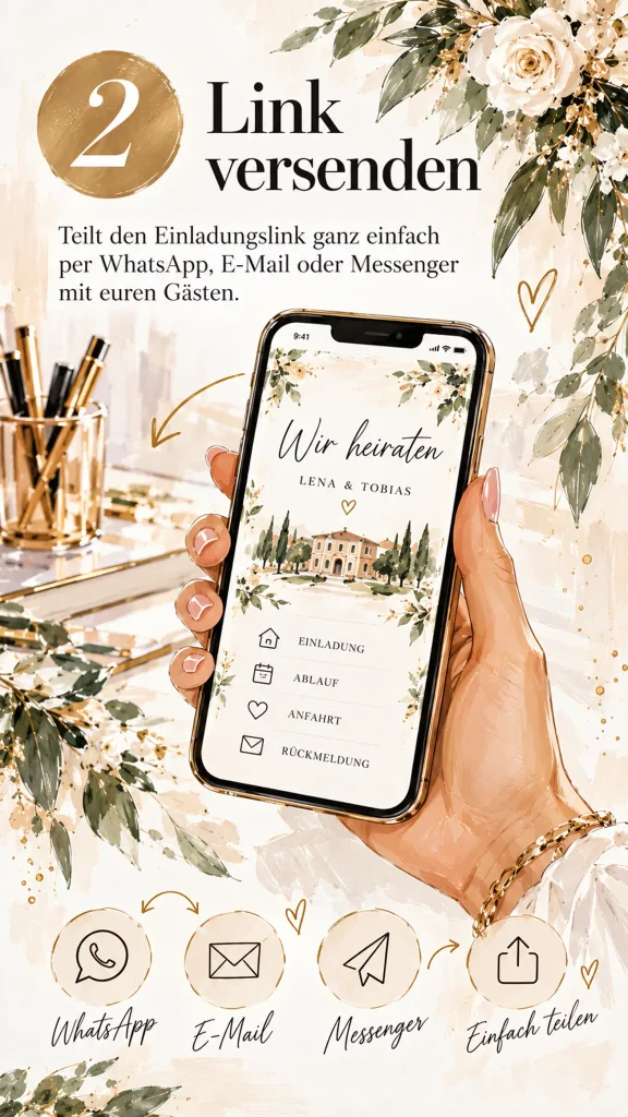 Smartphone mit digitaler Hochzeitseinladung zum Teilen per WhatsApp, E-Mail oder Messenger