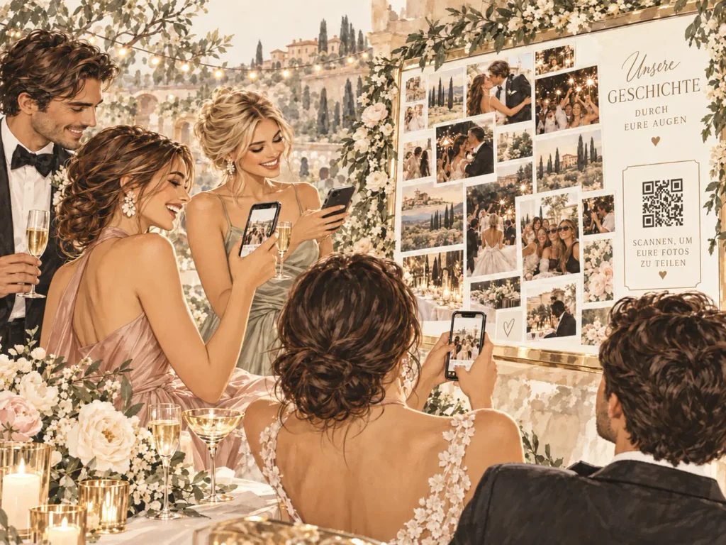 Hochzeitsgäste teilen Fotos per QR-Code auf einer digitalen Fotowand während einer eleganten Hochzeitsfeier.