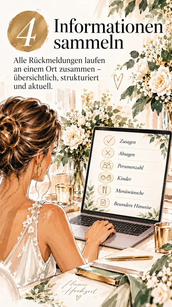 Braut sammelt Zusagen, Absagen, Personenzahl, Kinder und Menüwünsche digital am Laptop