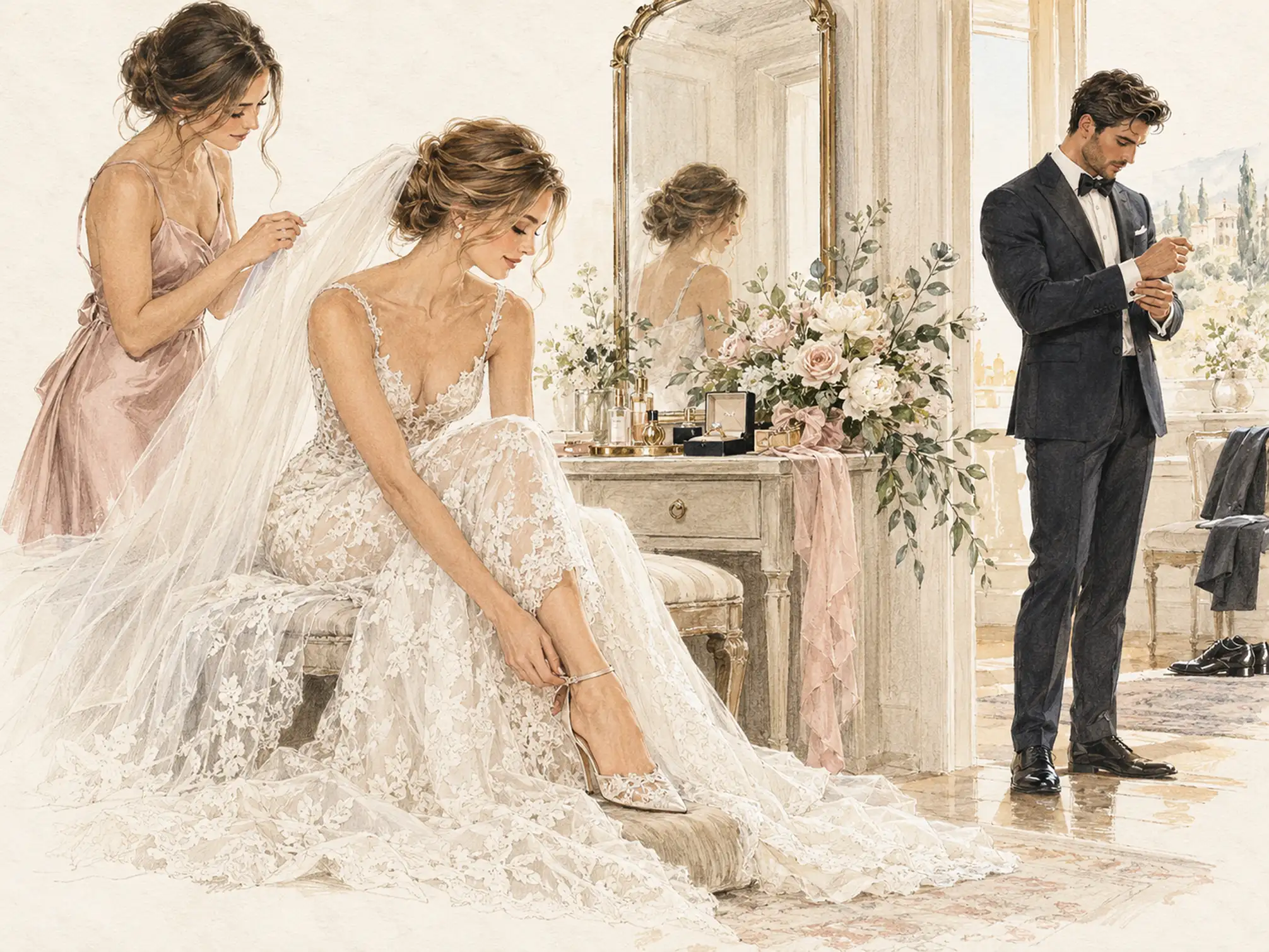 Elegante Illustration einer Braut beim Getting Ready mit Brautkleid, Schmuck und Begleitung