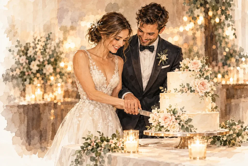 Illustration eines Brautpaars beim gemeinsamen Anschneiden der Hochzeitstorte am Abend