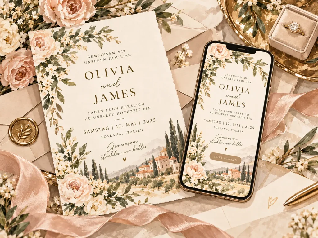Elegante Hochzeitsstationery in einer romantischen Flatlay-Komposition: Eine cremefarbene Hochzeitseinladung und ein Smartphone mit passender digitaler Einladung liegen auf einem marmorierten Untergrund, umgeben von rosa Blumen, Olivenzweigen, goldenen Accessoires, Schleifenband, Wachssiegel, Ringbox und Stift. Das Design zeigt die Namen Olivia und James, das Hochzeitsdatum 17. Mai 2025 sowie den Ort Toskana, Italien.