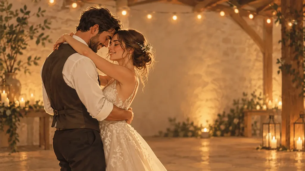 Illustriertes Beitragsbild eines Brautpaares beim Hochzeitstanz in romantischer Abendstimmung mit Kerzenlicht und Lichterkette.
