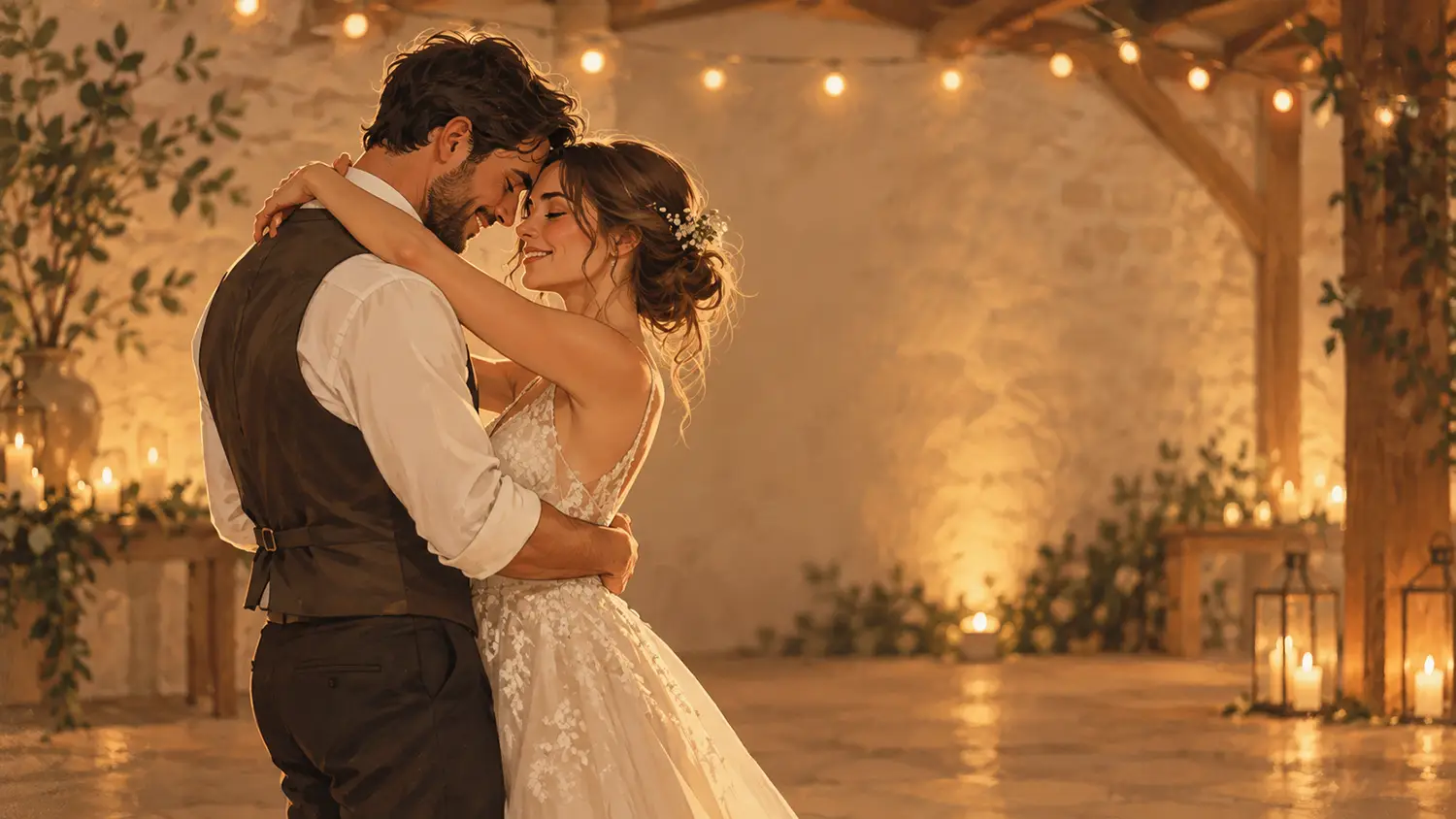 Illustriertes Beitragsbild eines Brautpaares beim Hochzeitstanz in romantischer Abendstimmung mit Kerzenlicht und Lichterkette.