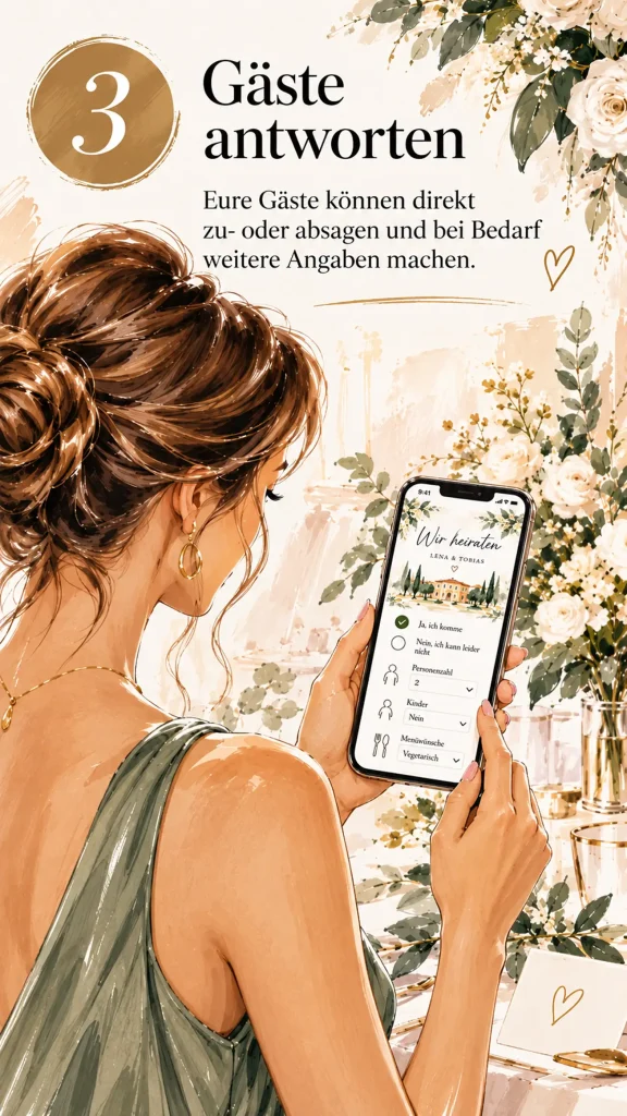 Hochzeitsgast beantwortet eine digitale Einladung mit Zusage, Personenzahl und Menüwunsch
